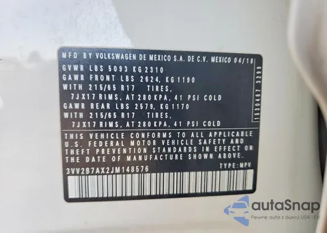 2018 Volkswagen Tiguan Se z USA, uszkodzony, nr VIN 3VV2B7AX2JM148576